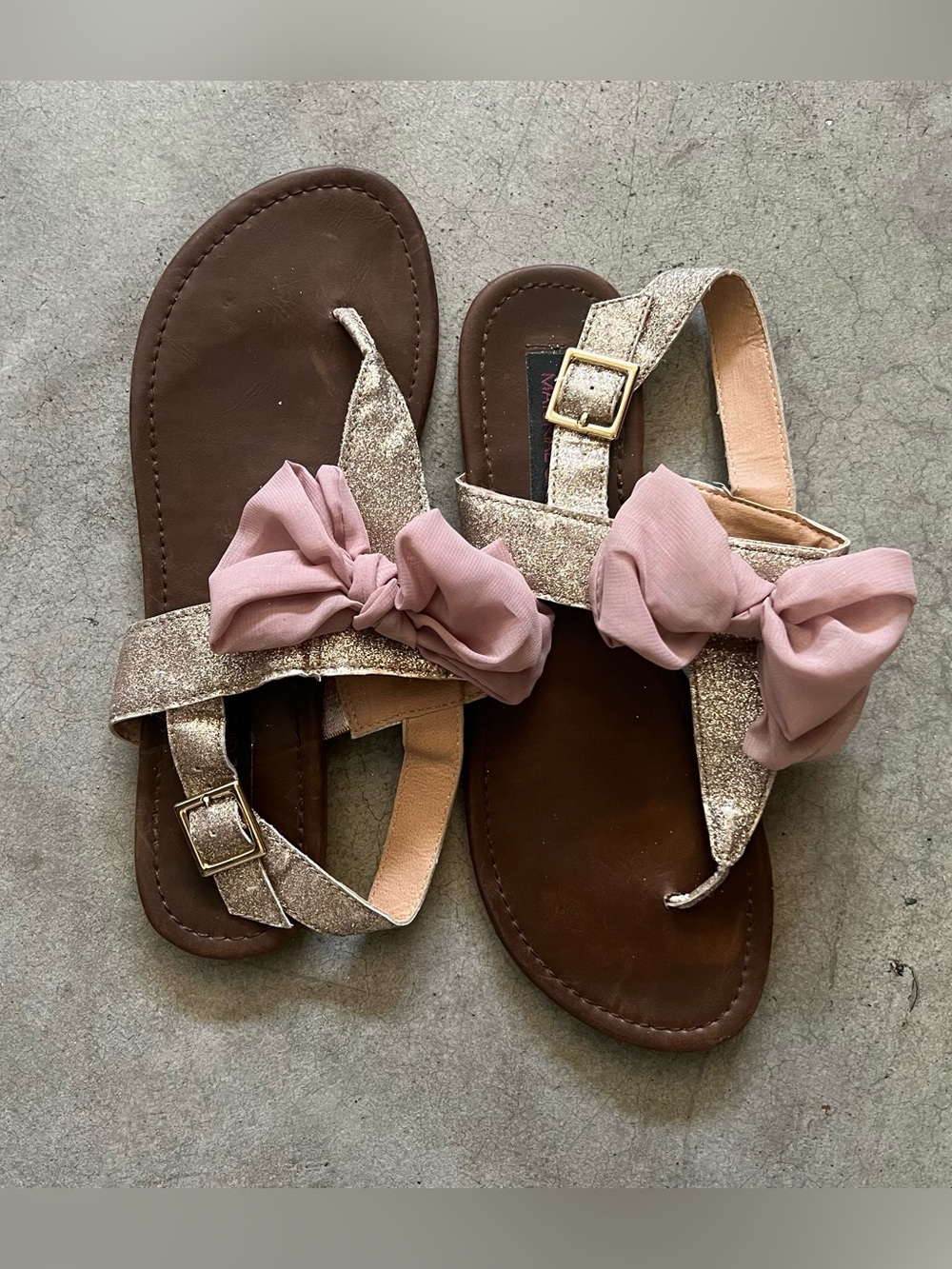 Material Girl Glitter Strap Sandals with Pink Bow